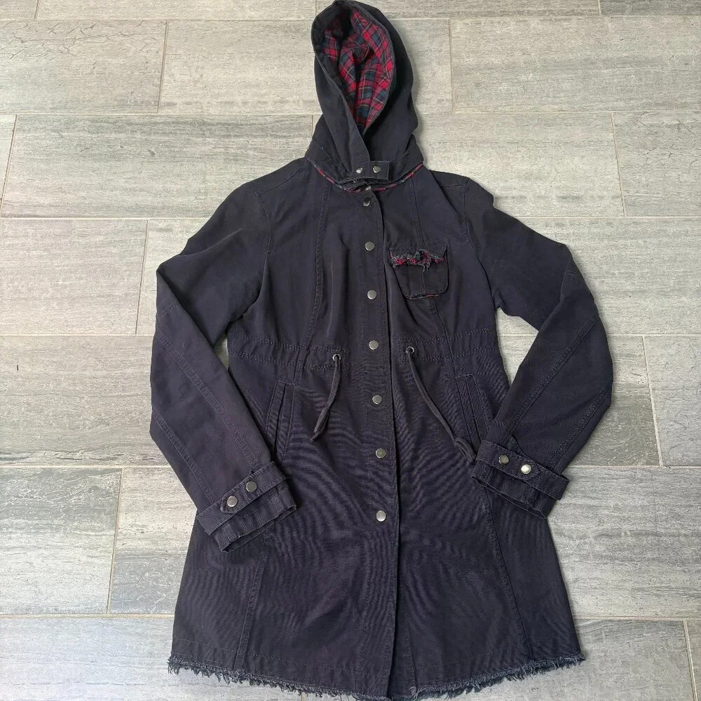Free People Cotton Utility Drawstring Waist Hooded Jacket Coat Navy Size 8